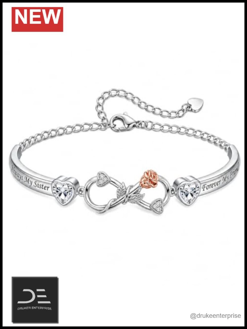 White Gold Plated Infinity Sisters Heart Bangle Bracelet Friendship Gift